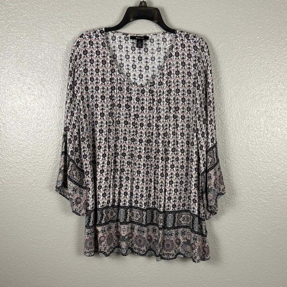 Style&Co Size Medium White Paisley Boho Bell Sleeve Round Neck Tunic Blouse Top